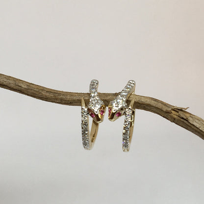 14K Solid Gold Natural Diamond Snake Hoop Earrings