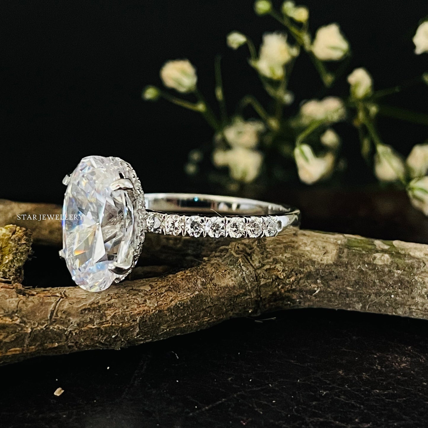 3.00 Ct Colorless Oval Cut Moissanite Hidden Halo Ring