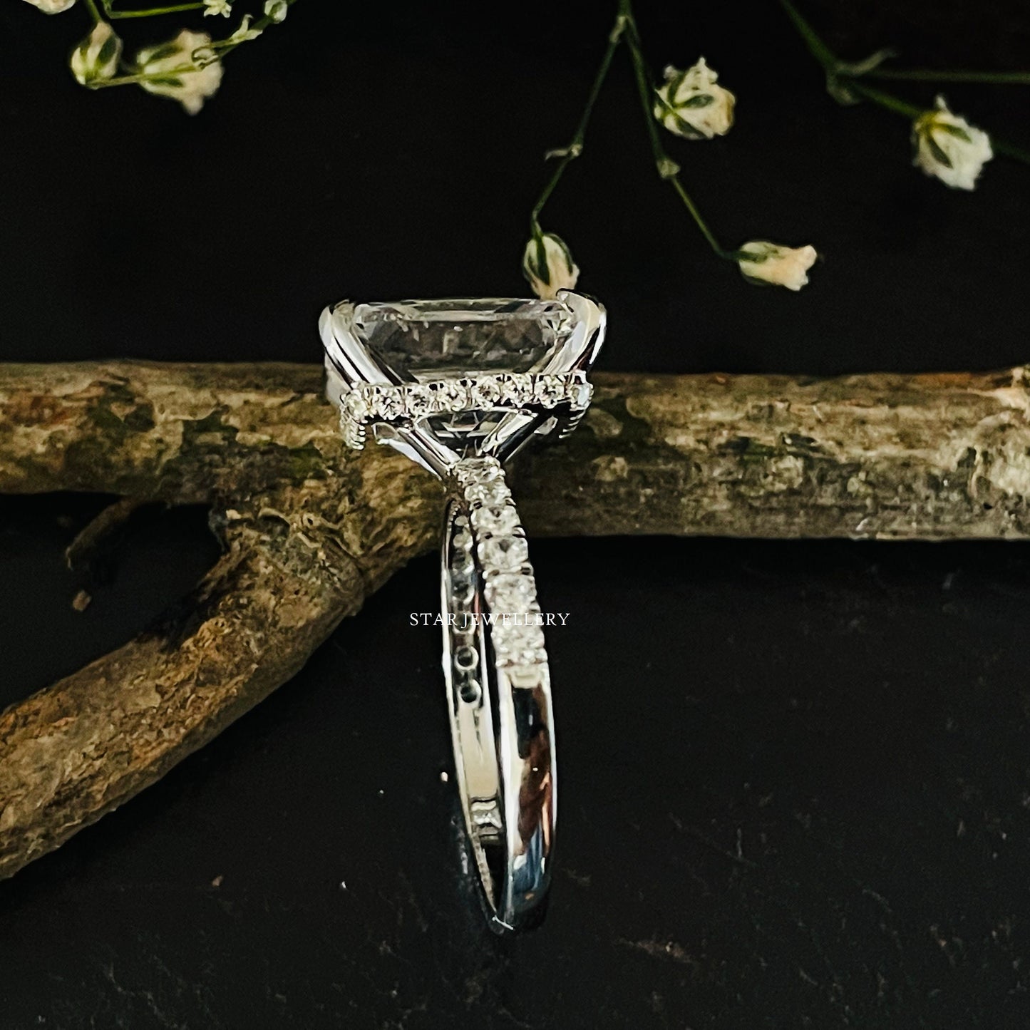 Colorless Radiant Cut Moissanite Hidden Halo Ring for her