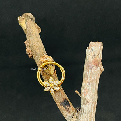 14K Solid Gold Natural Diamond Floral Daith Piercing