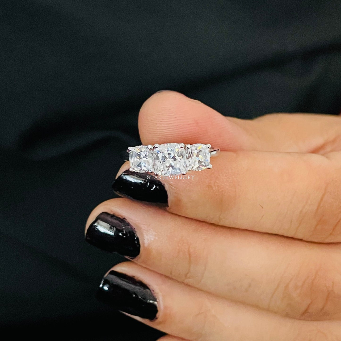 Cushion Cut 3 Stone Moissanite Ring