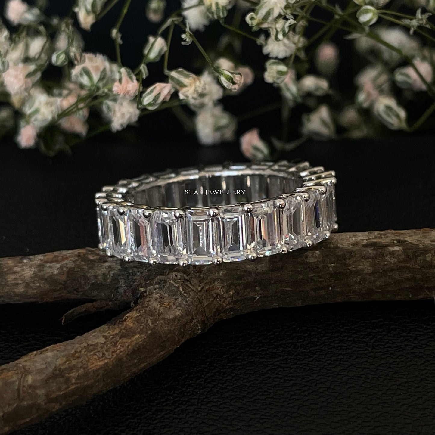 14K Solid Gold Colorless Emerald Moissanite Wedding Band, Emerald Moissanite Full Eternity Wedding Band Ring, Moissanite Matching Band Ring