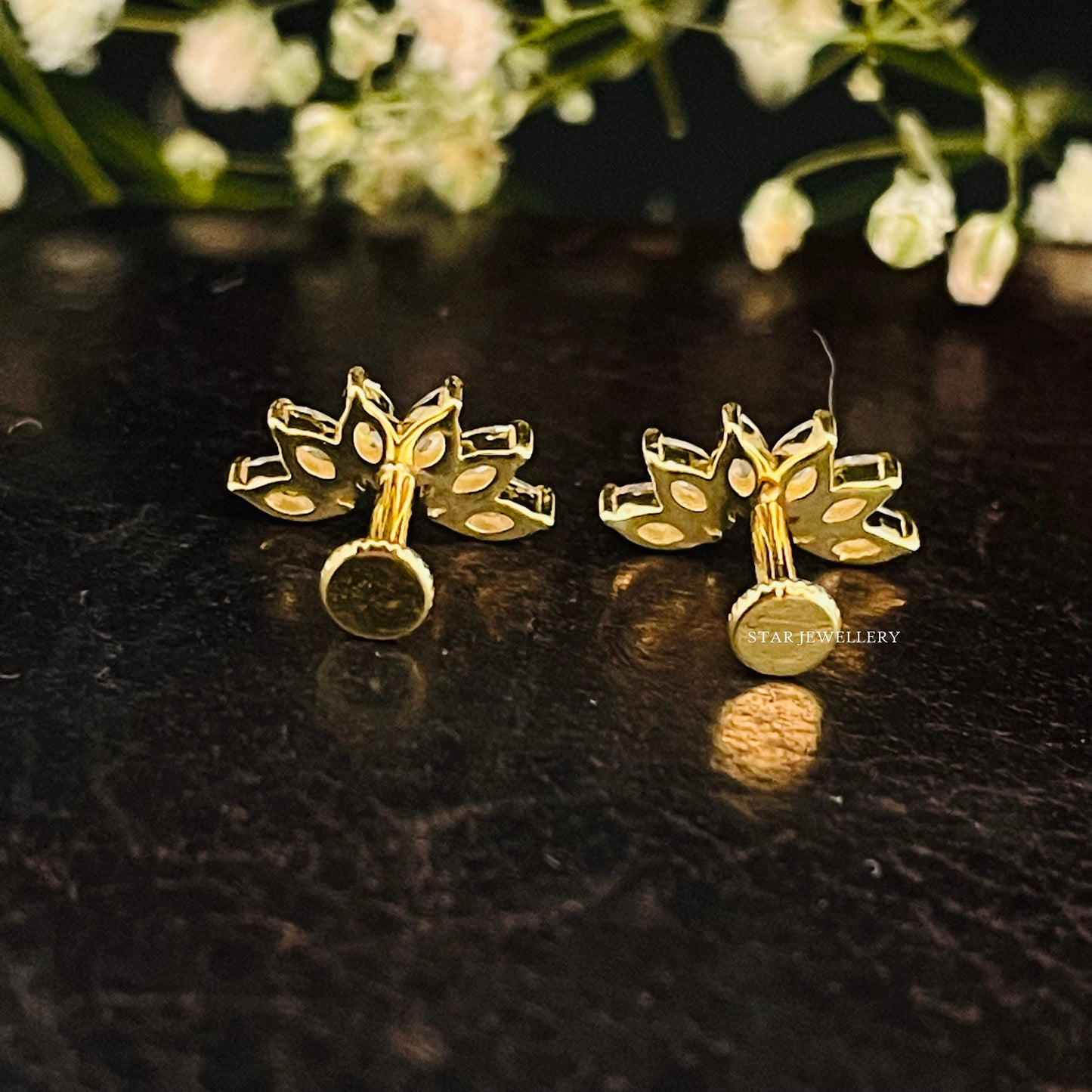 14K Solid Gold Lotus Stud Diamond Piercing