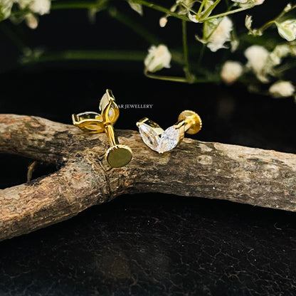 14K Solid Gold Leaf Stud Diamond Piercing