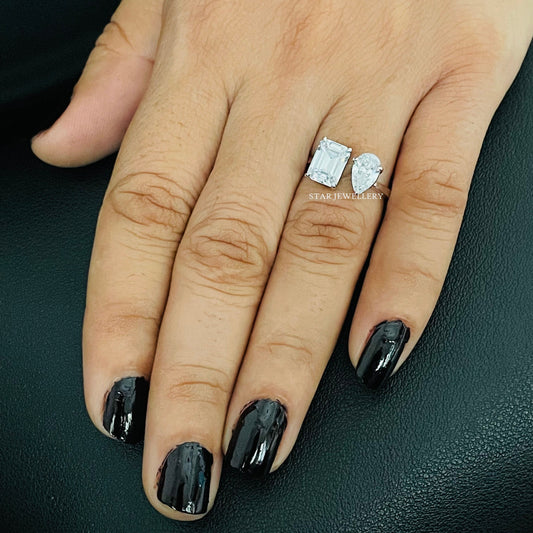 Toi Et Moi Pear Cut and Emerald Cut Moissanite Solid Gold Ring