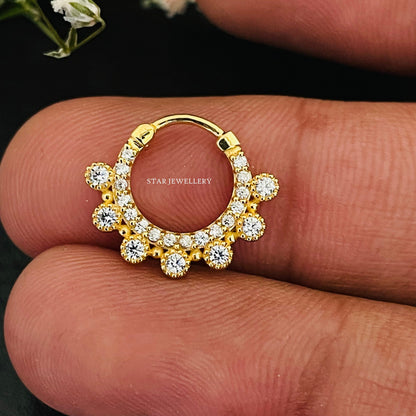 14K Solid Gold Bezel Set Miligrain Diamond Daith Clicker
