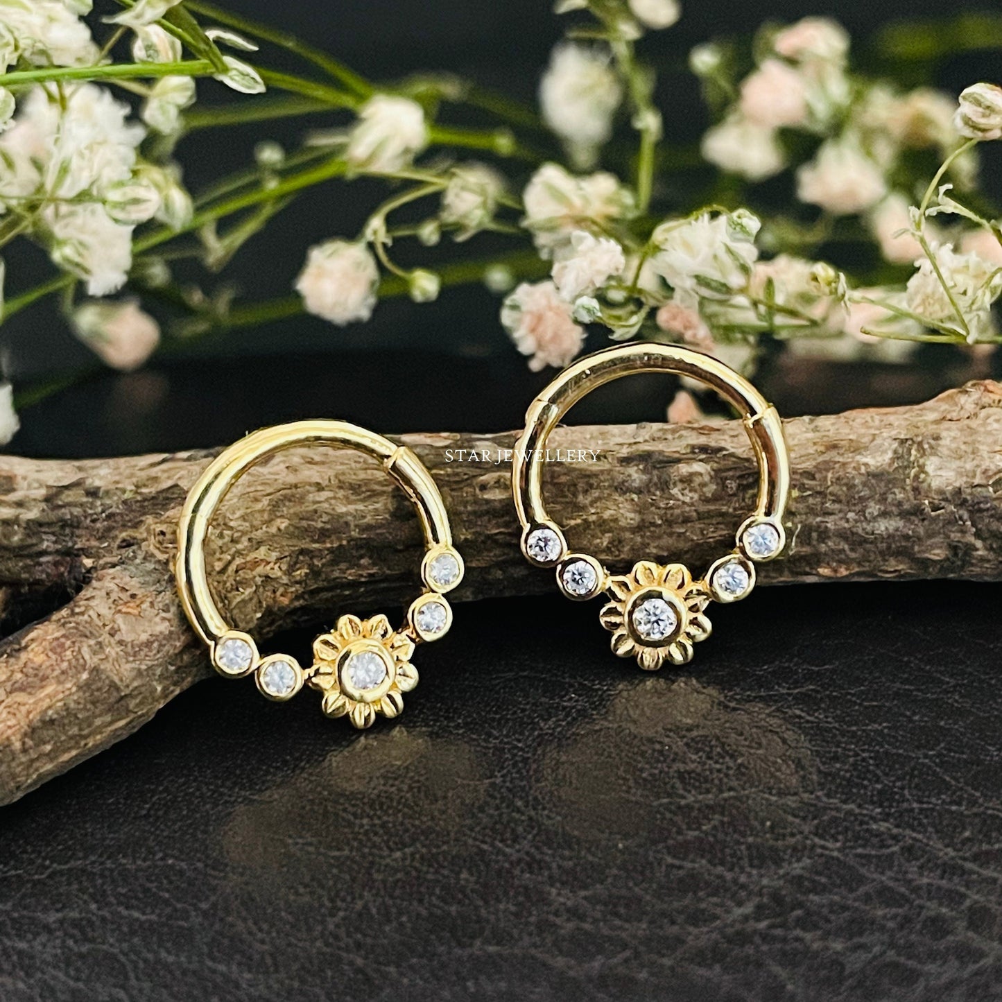 Bezel Set Natural Diamond Flower Daith Piercing