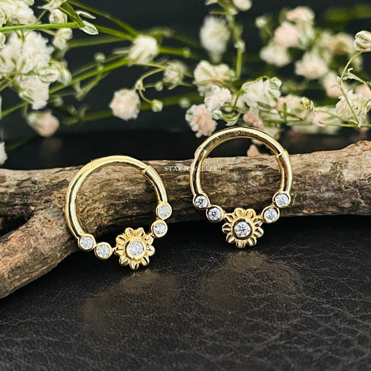 Bezel Set Natural Diamond Flower Daith Piercing