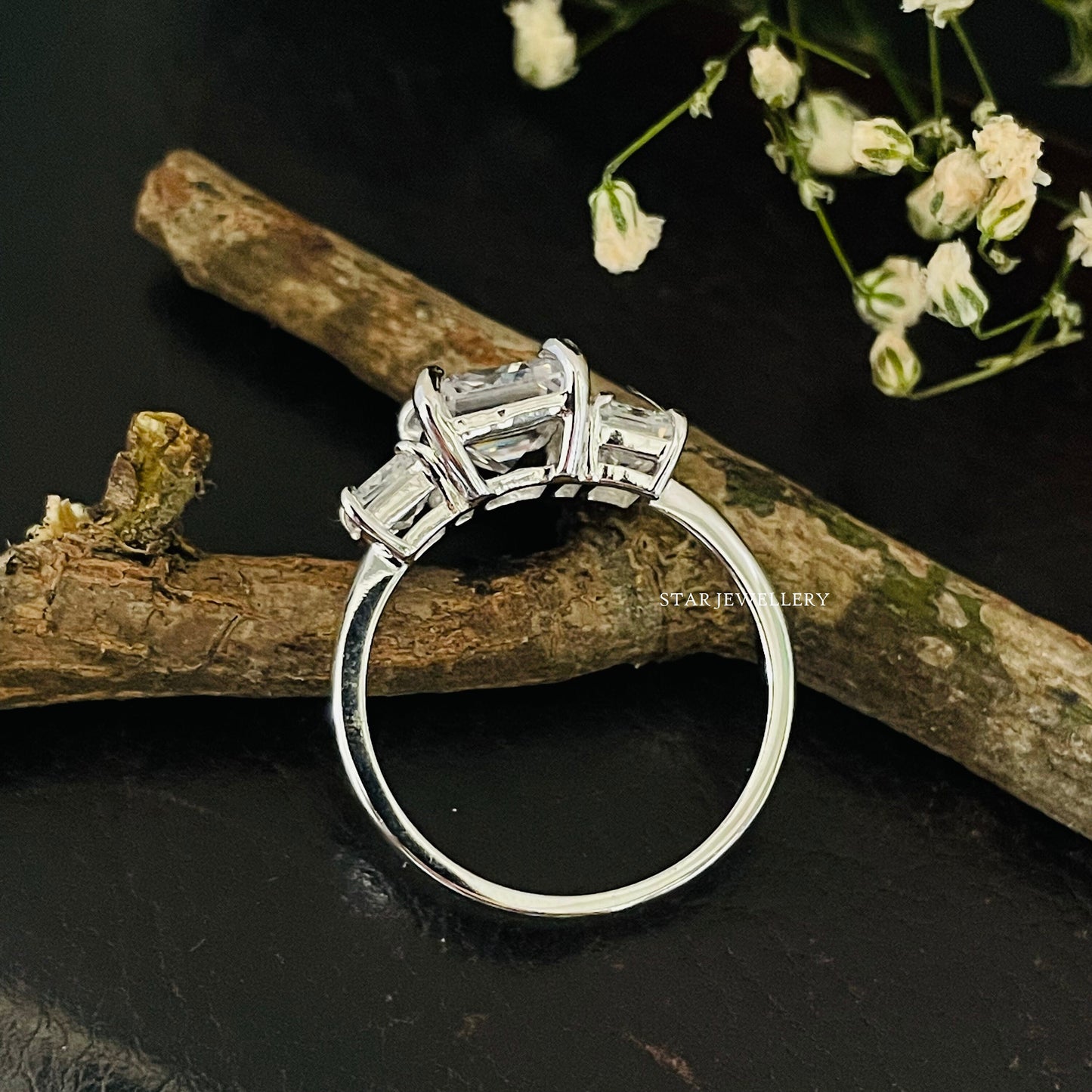 Emerald Cut Three Stone Moissanite Engagement Ring