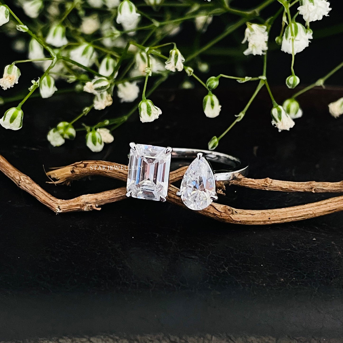 Toi Et Moi Emerald Cut and Pear Cut Moissanite Ring