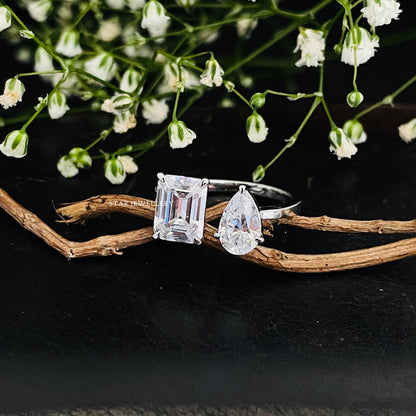 Toi Et Moi Emerald Cut and Pear Cut Moissanite Ring