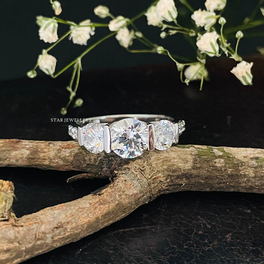 Three Stone Bar Set Lab Grown Diamond Engagement Ring
