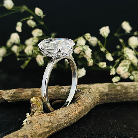 3.00 Ct Colorless Oval Cut Moissanite Hidden Halo Ring