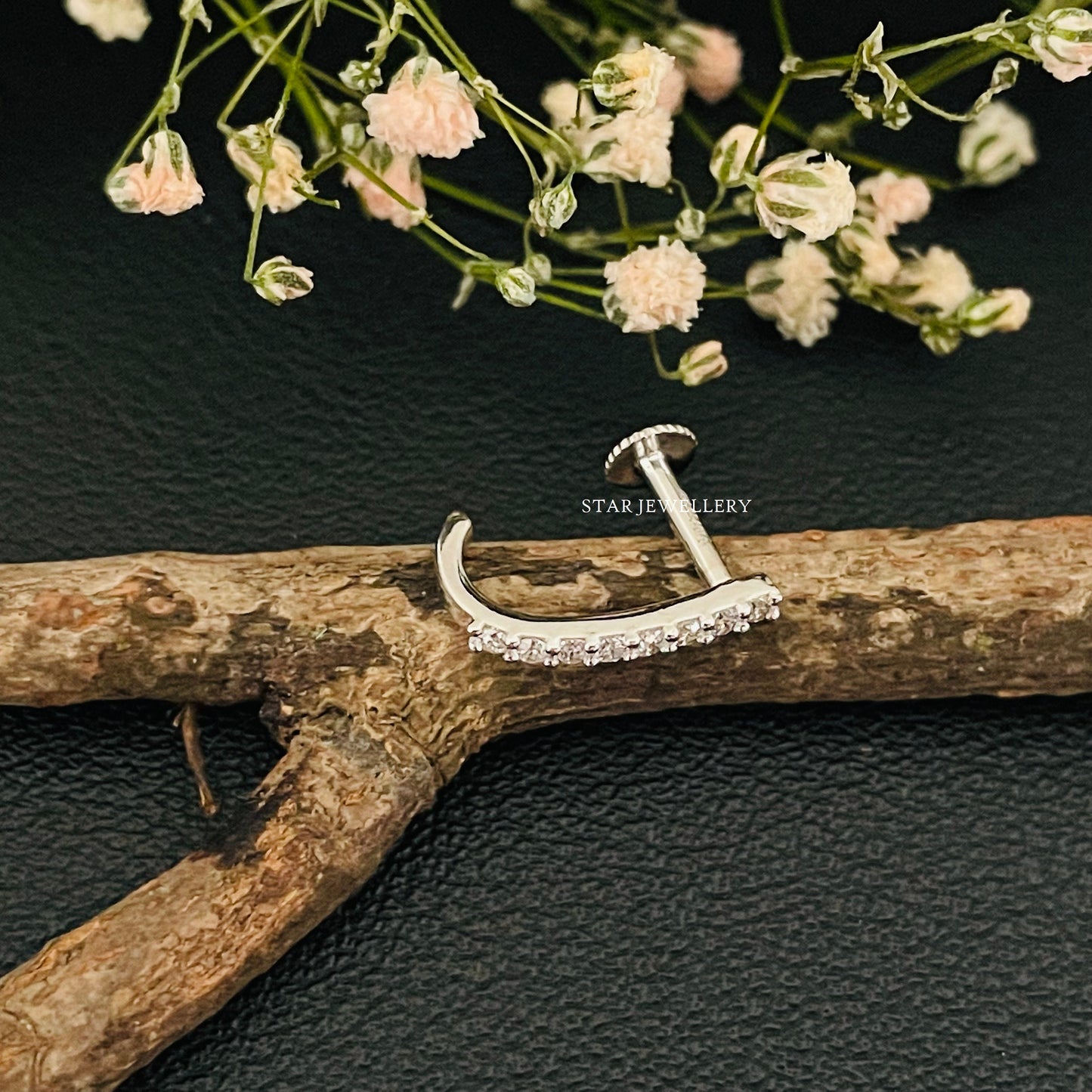 Diamond Bar Earrings, Half Hoop Earring