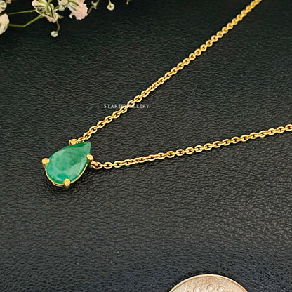 14K Solid Gold Pear Cut Emerald Necklace