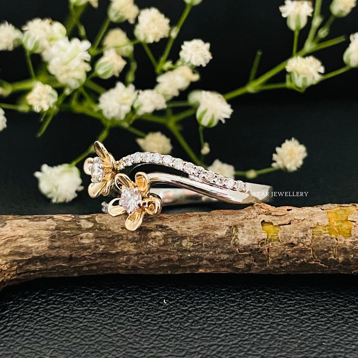 Twin Flower Natural Diamond Ring