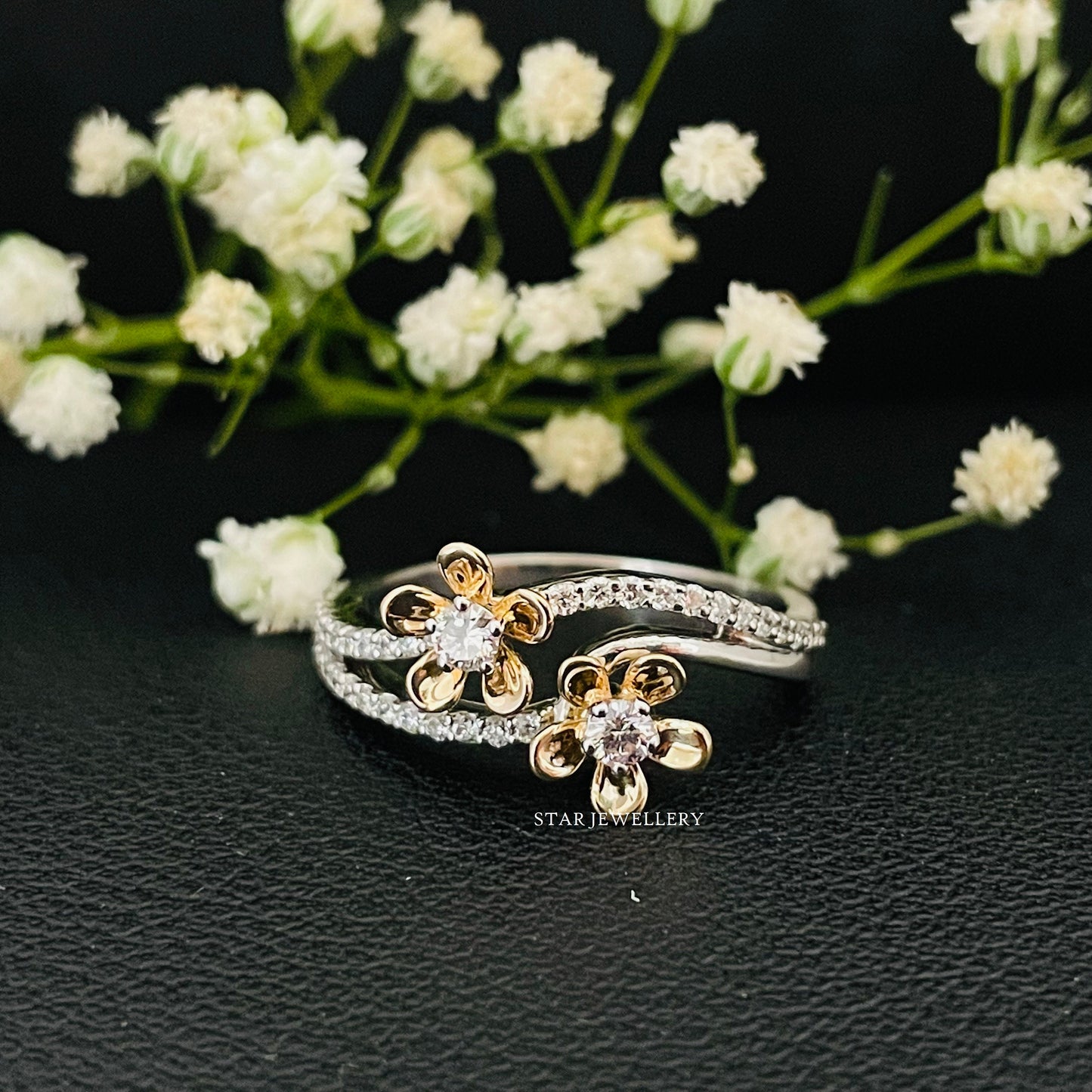 Twin Flower Natural Diamond Ring