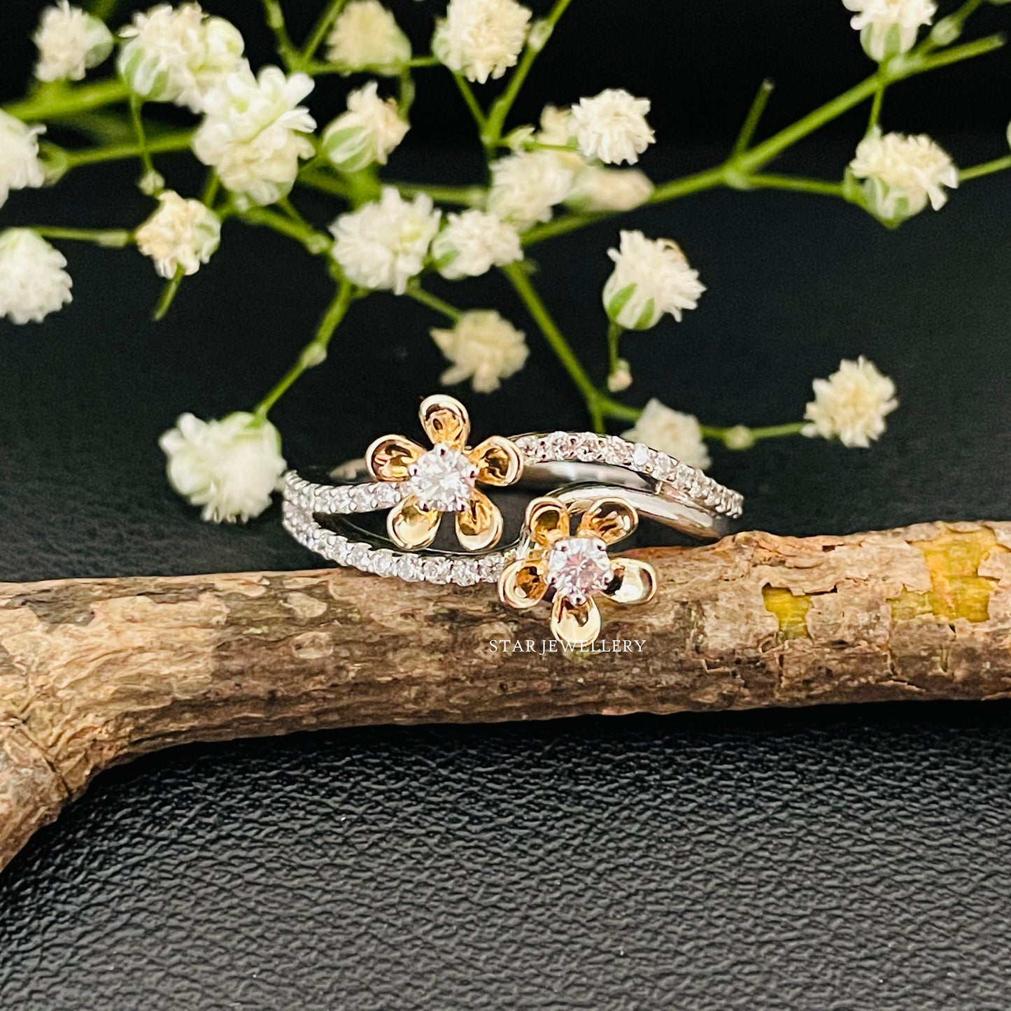Twin Flower Natural Diamond Ring