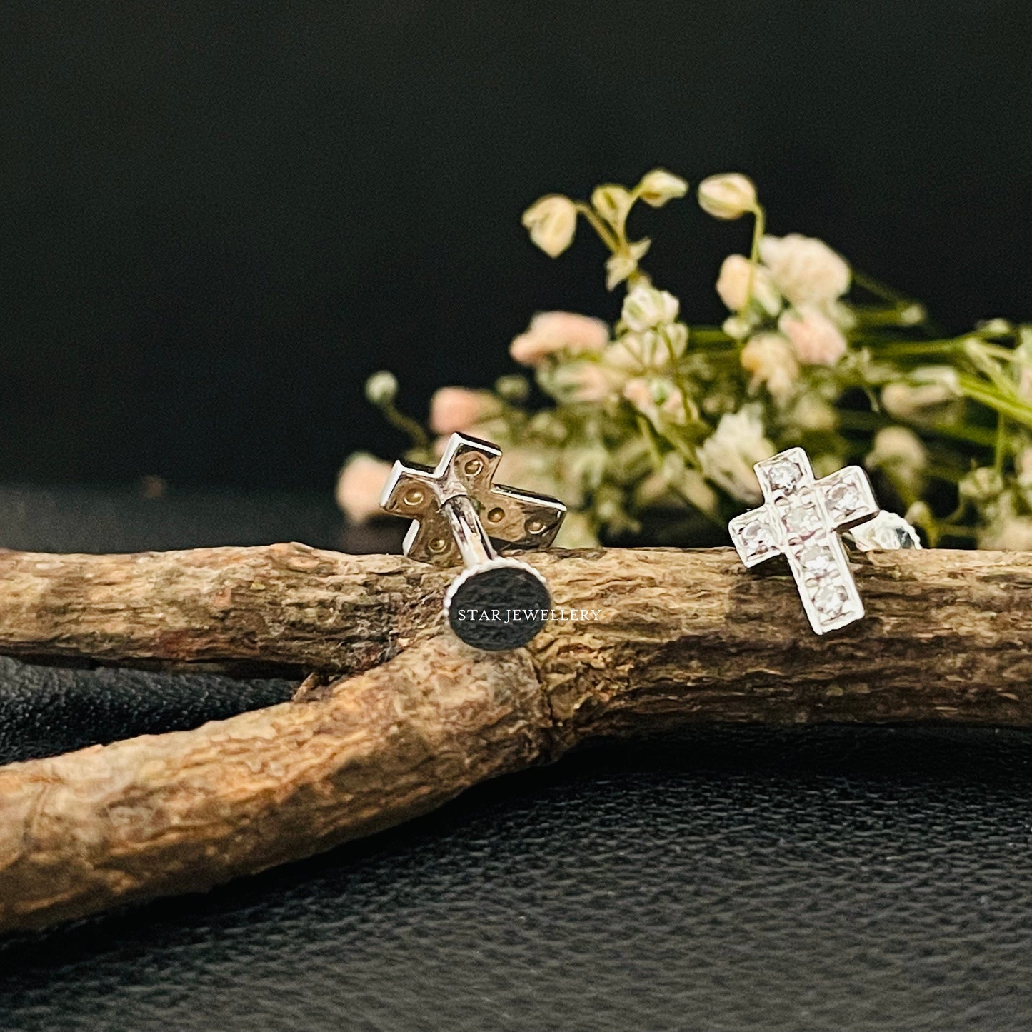14K Gold Diamond Cross Studs Ear Piercings