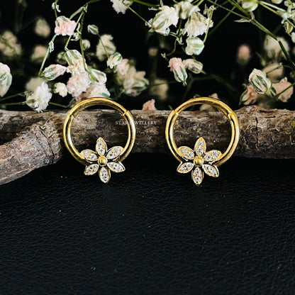 14K Solid Gold Natural Diamond Floral Daith Piercing