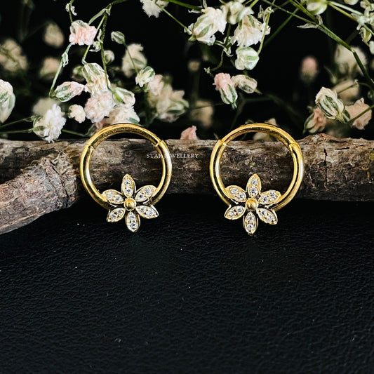 14K Solid Gold Natural Diamond Floral Daith Piercing