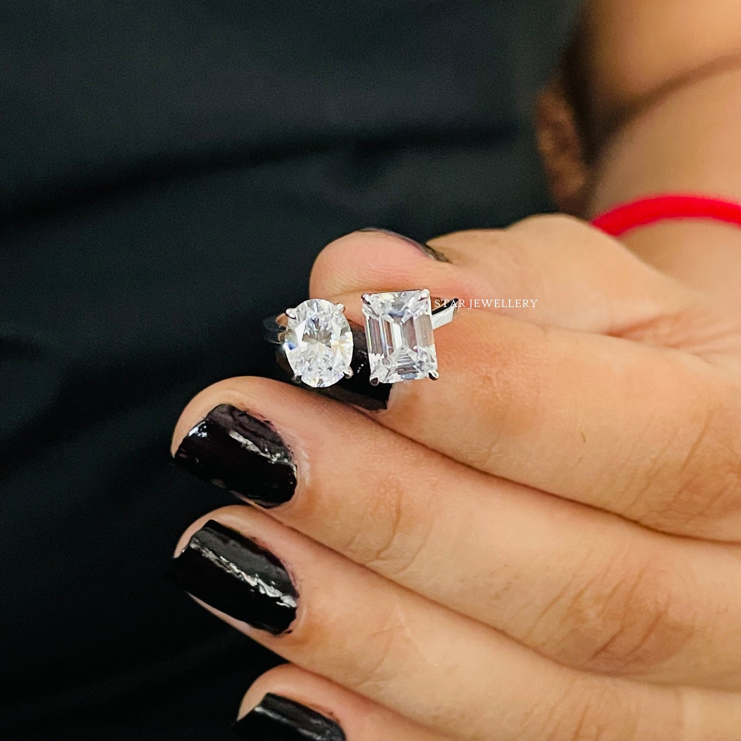 Colorless Oval Cut and Emerald Cut Toi Et Moi Moissanite Ring