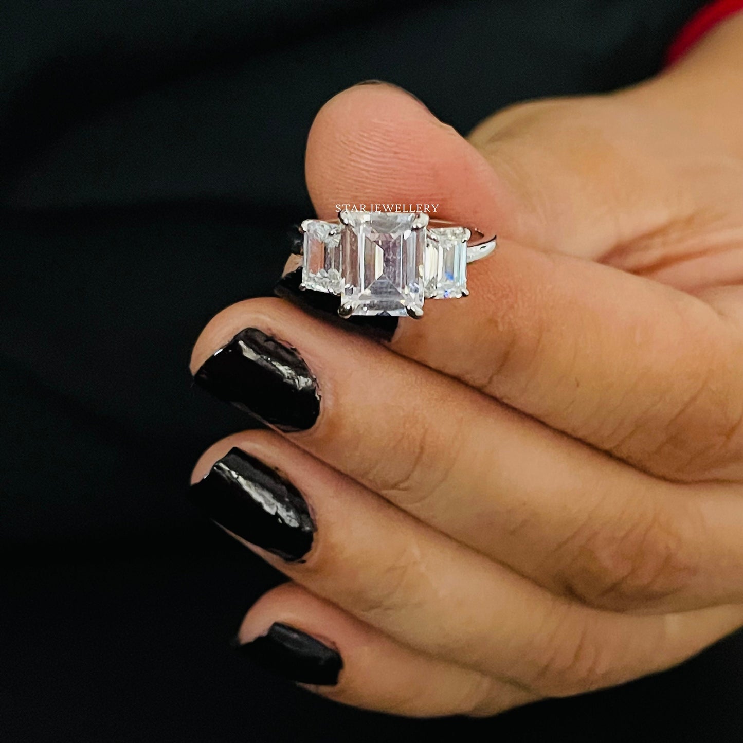 Emerald Cut Three Stone Lab Grown Diamond Engagement Ring