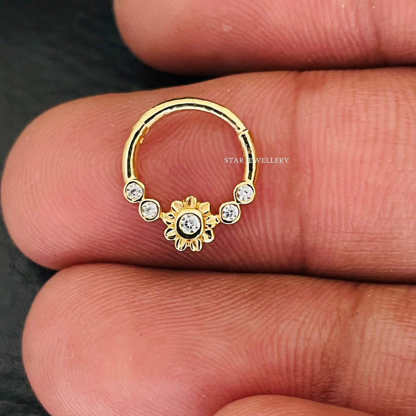Bezel Set Natural Diamond Flower Daith Piercing