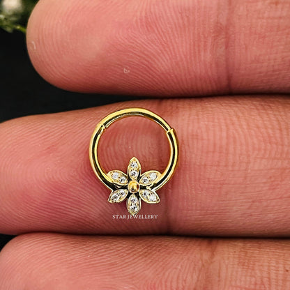 14K Solid Gold Natural Diamond Floral Daith Piercing