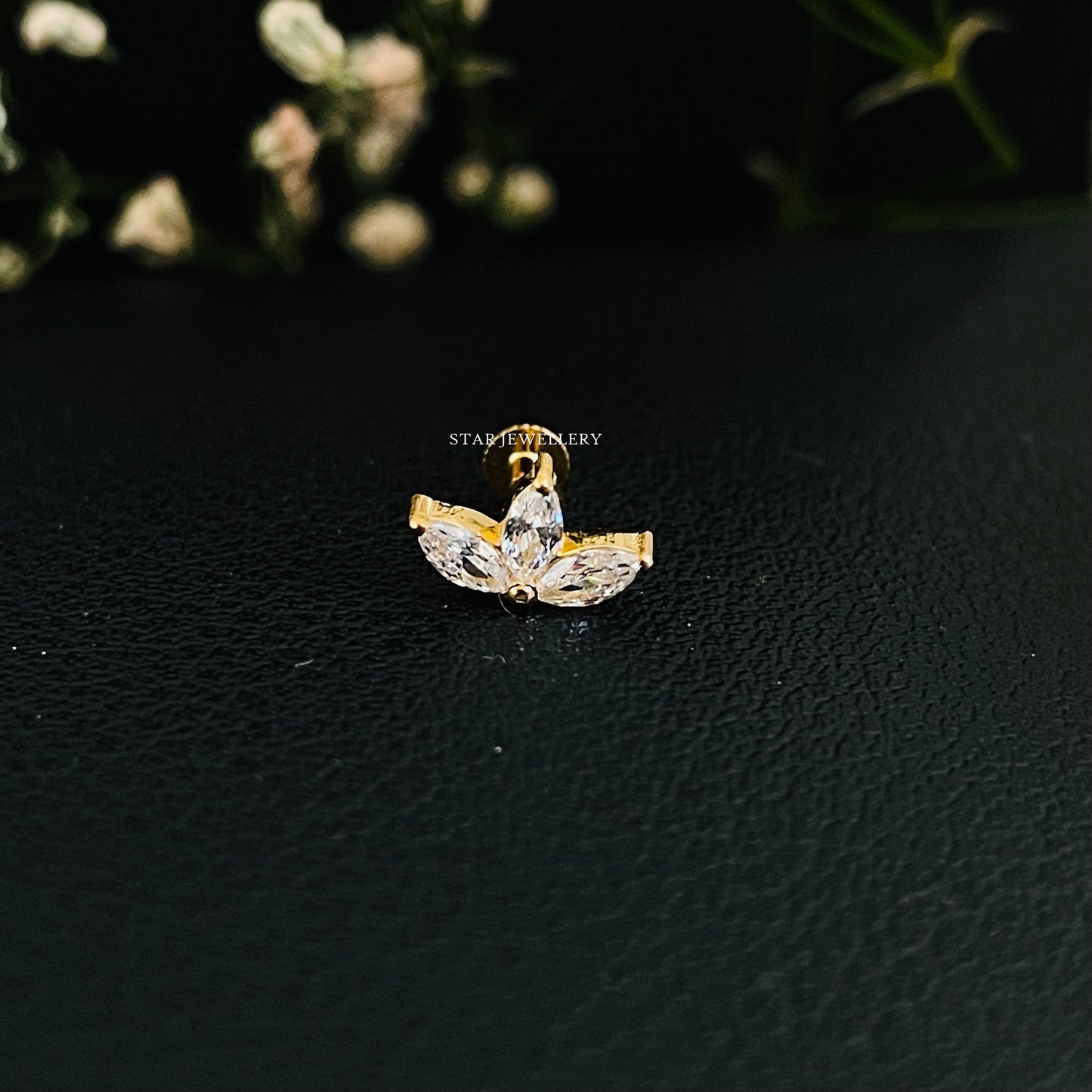 14K Solid Gold Leaf Stud Diamond Piercing