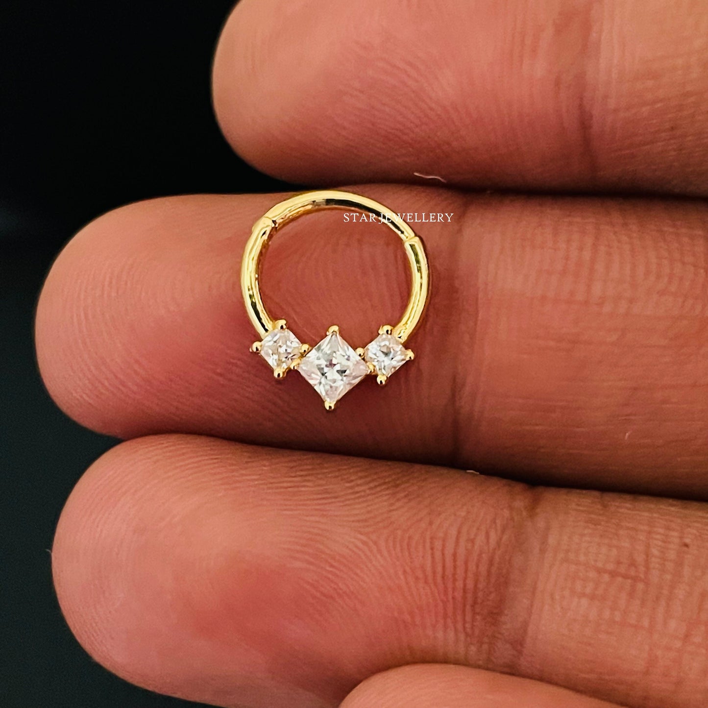 Genuine Princess Cut Diamond Trio Stone Septum Clicker