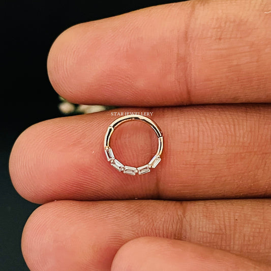 Solid Gold Daith Clicker Piercing with Baguette Moissanite