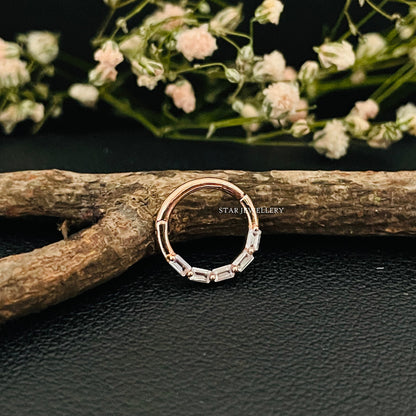 Solid Gold Daith Clicker Piercing with Baguette Moissanite