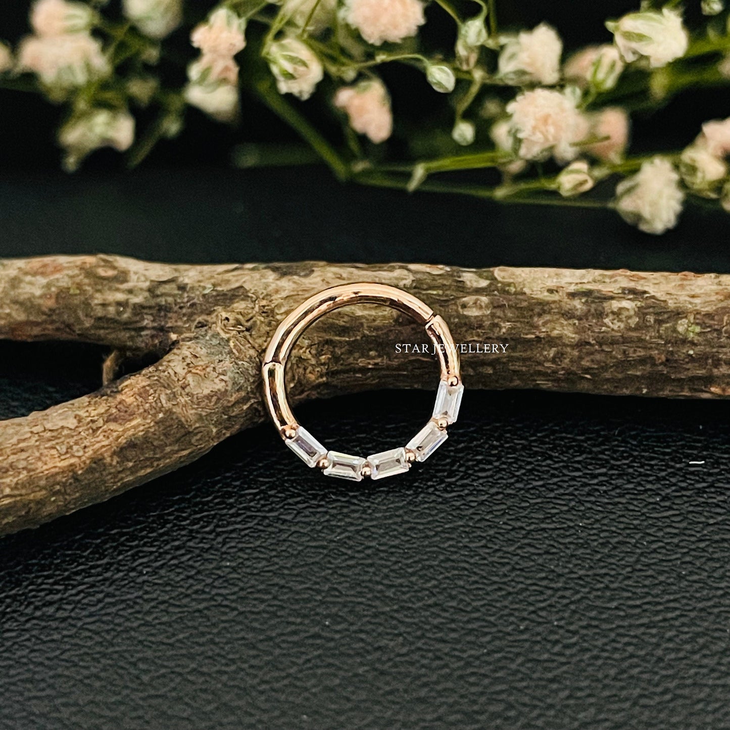 Solid Gold Daith Clicker Piercing with Baguette Moissanite