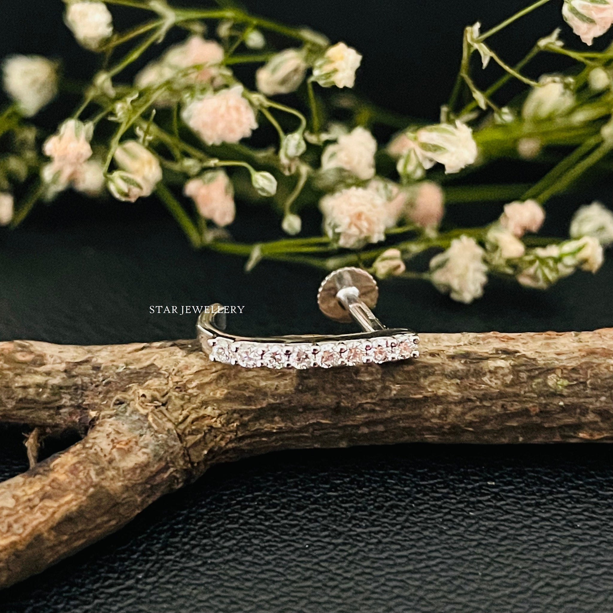 Diamond Bar Earrings, Half Hoop Earring
