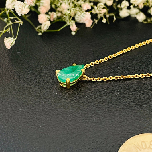 14K Solid Gold Pear Cut Emerald Necklace