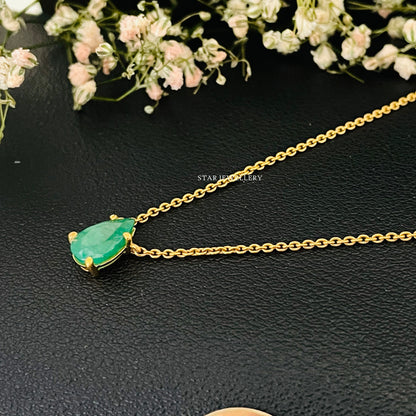 14K Solid Gold Pear Cut Emerald Necklace