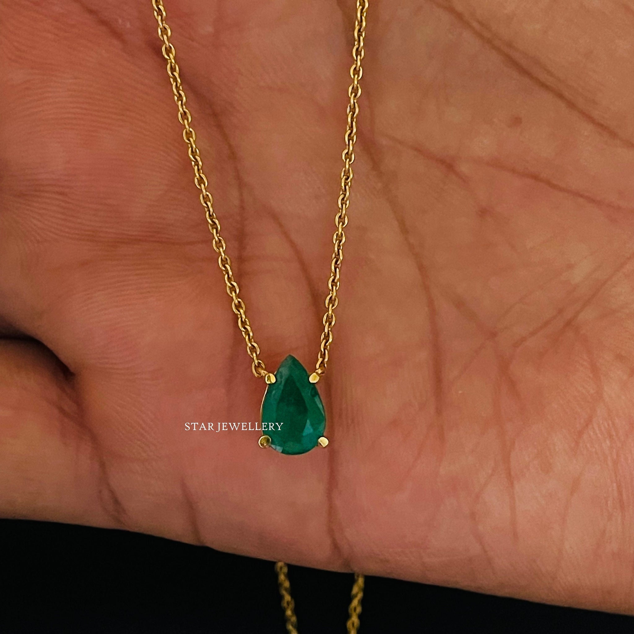14K Solid Gold Pear Cut Emerald Necklace