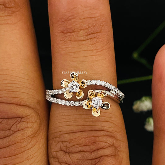 Twin Flower Natural Diamond Ring