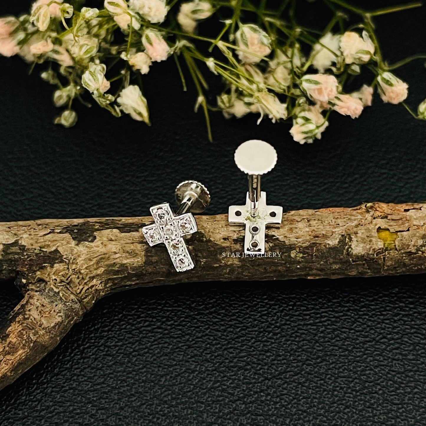 14K Gold Diamond Cross Studs Ear Piercings