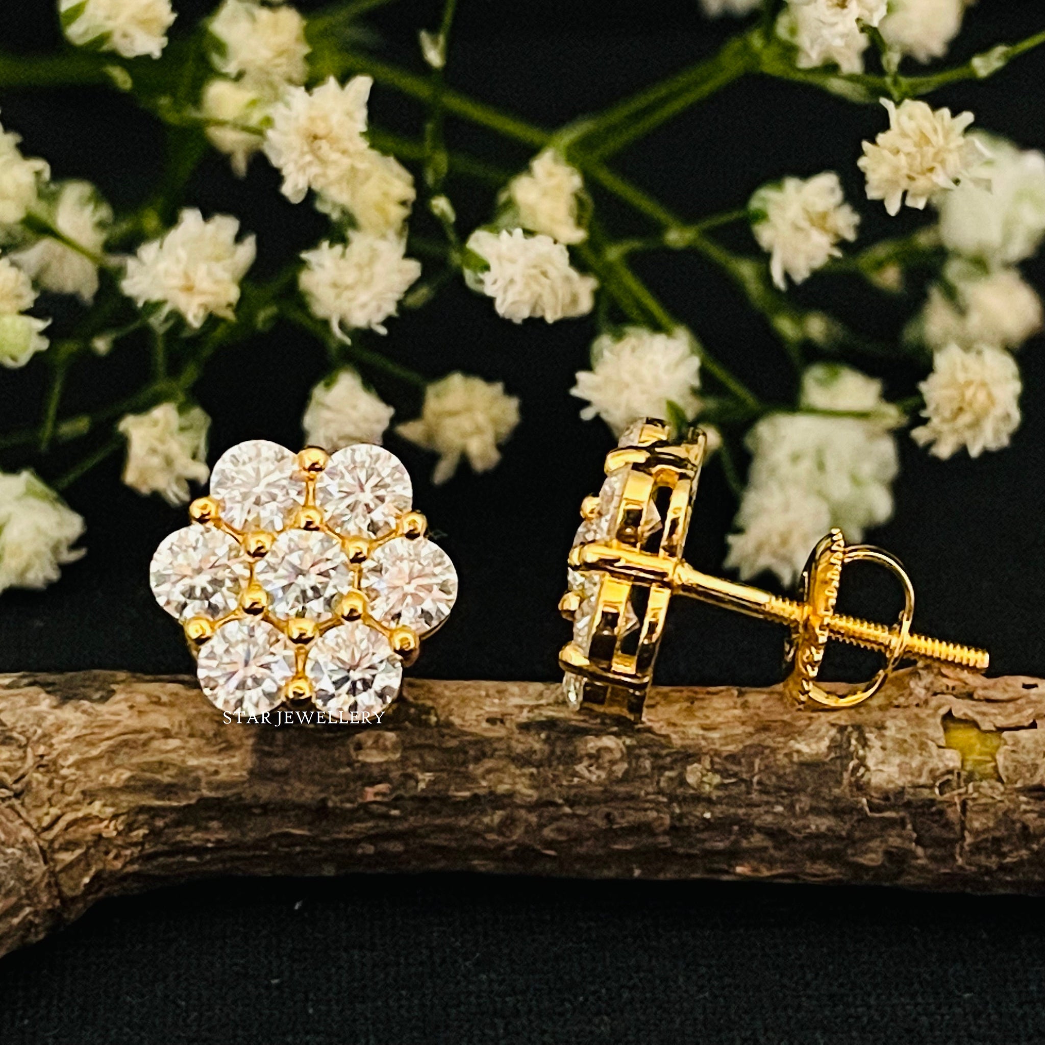 10K Solid Gold Prong Set Moissanite Cluster Earring