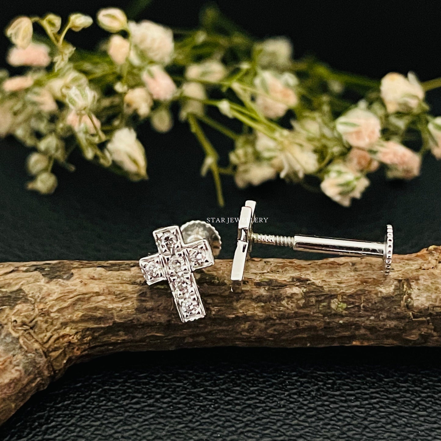 14K Gold Diamond Cross Stud Earrings