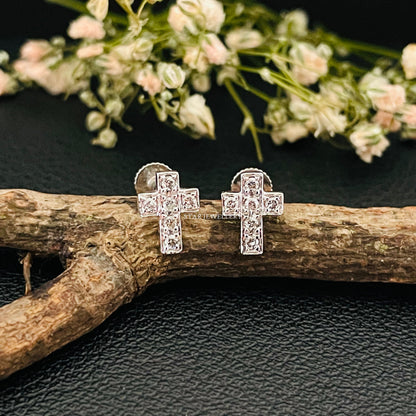 14K Gold Diamond Cross Stud Earrings