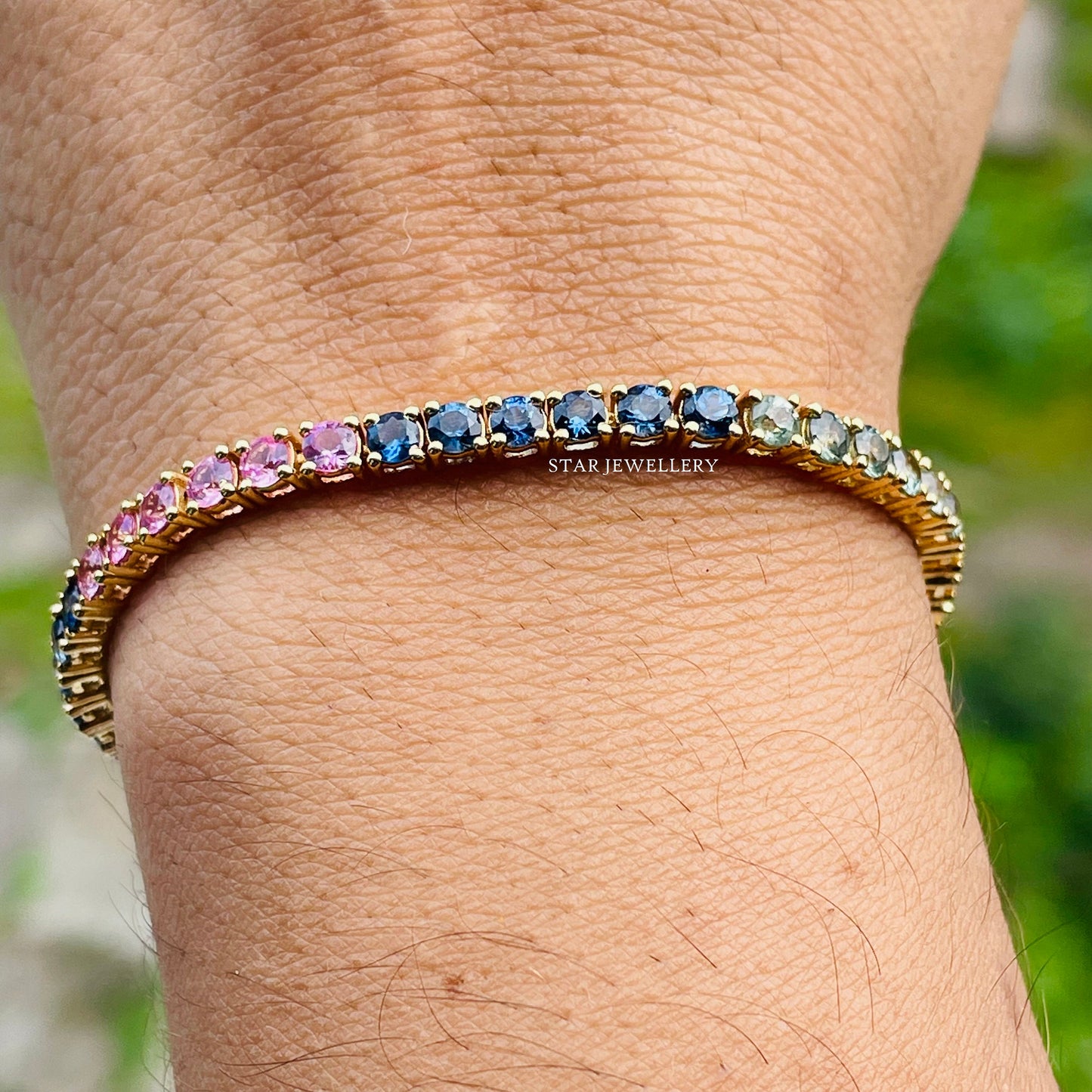 14K Solid Gold Natural Multi Sapphire Tennis Bracelet