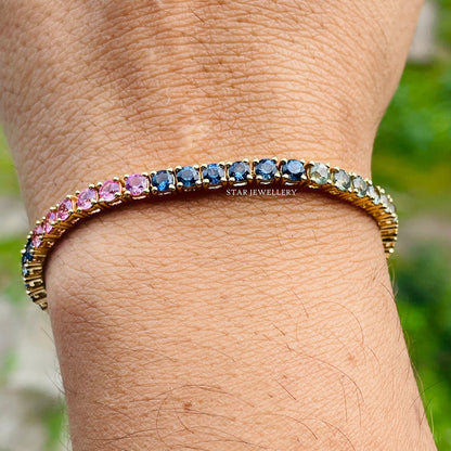 14K Solid Gold Natural Multi Sapphire Tennis Bracelet