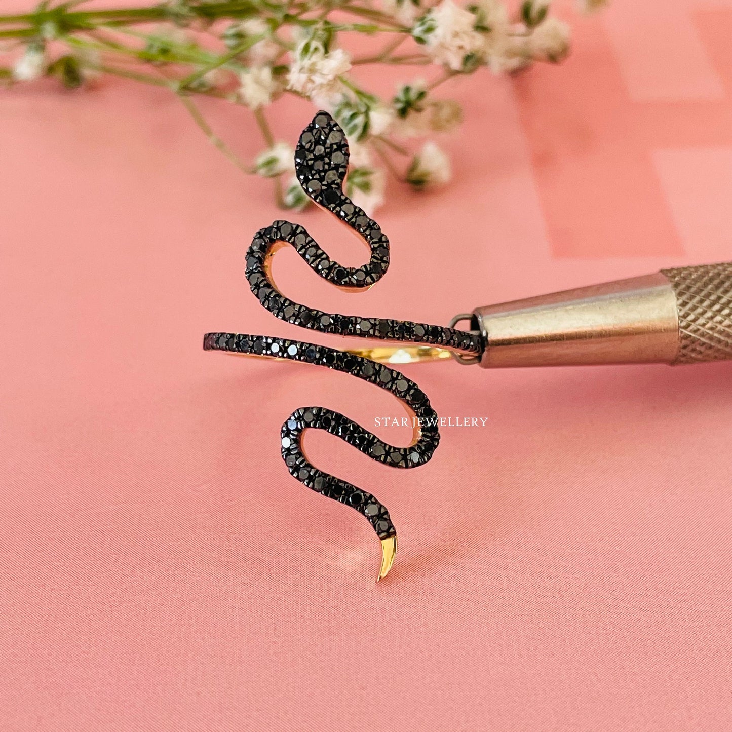 14K Solid Gold Natural Black Diamond Vintage Snake Ring