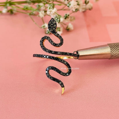 14K Solid Gold Natural Black Diamond Vintage Snake Ring