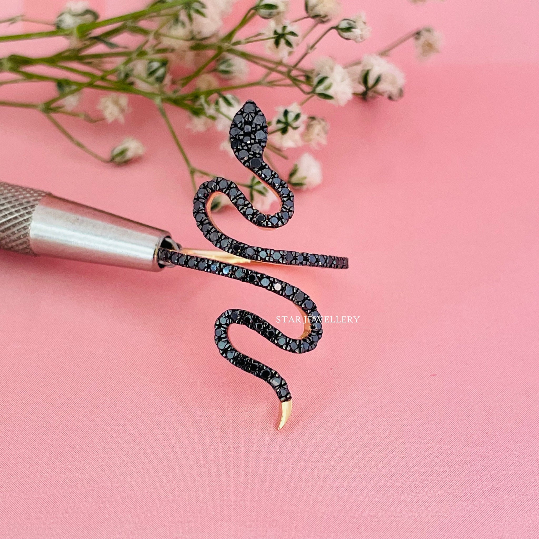 14K Solid Gold Natural Black Diamond Vintage Snake Ring