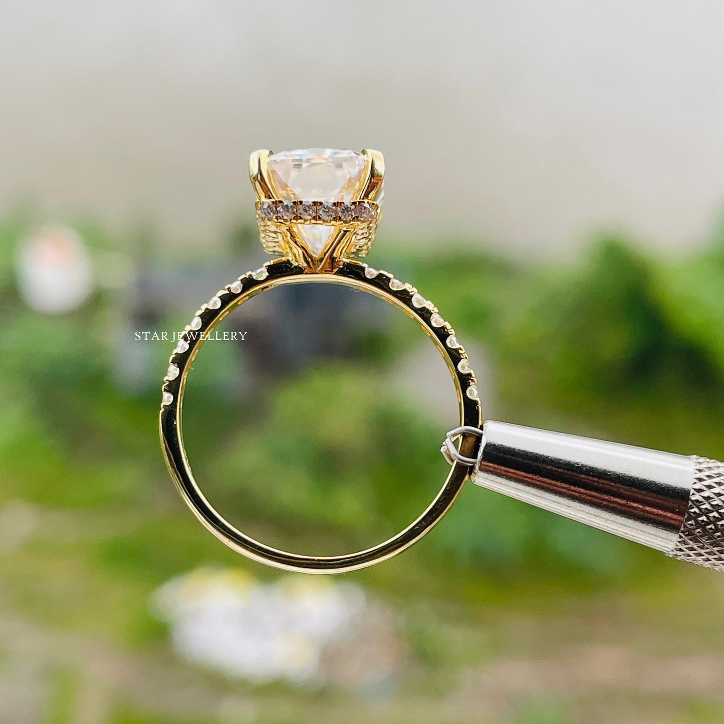 Colorless Radiant Cut Moissanite Hidden Halo Ring for her