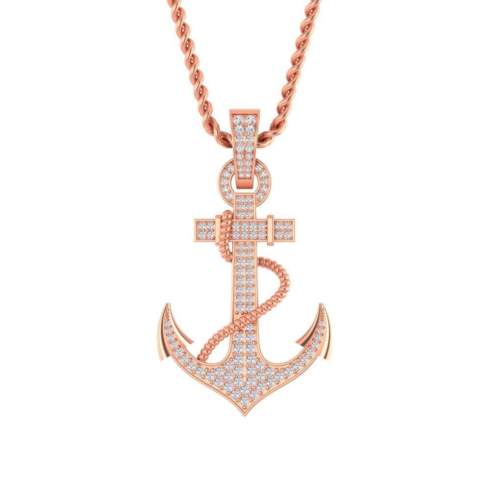 14K Solid Gold Natural Diamond Anchor Pendant